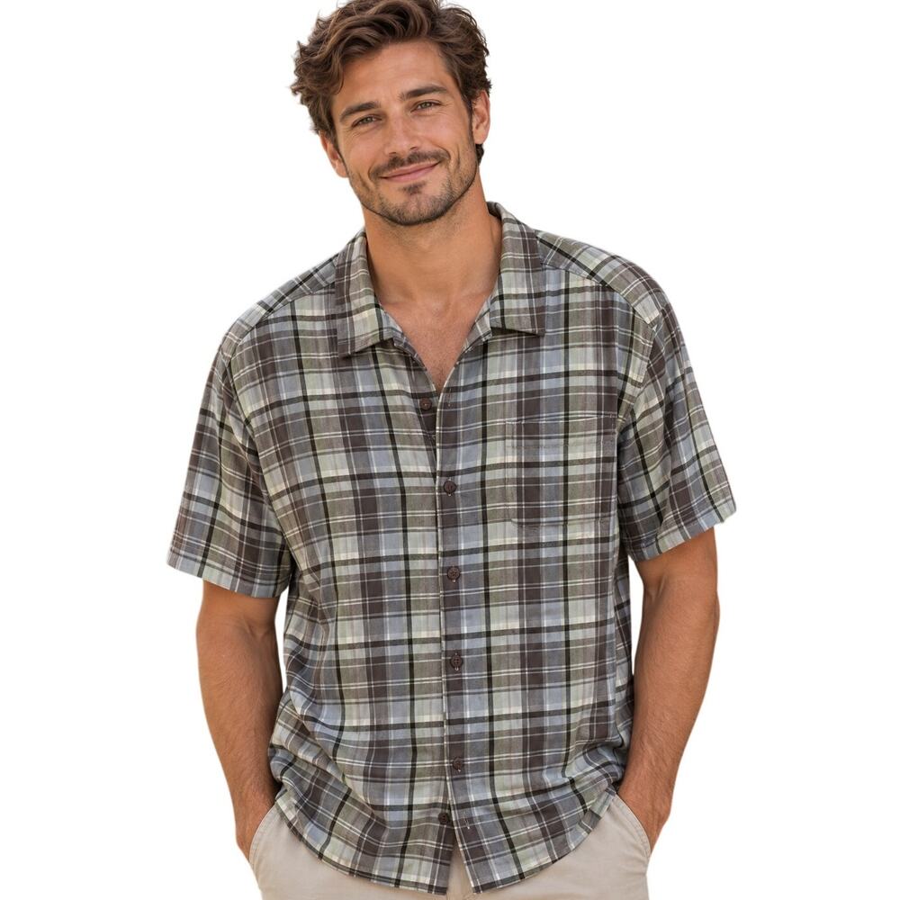 Tommy Bahama Plaid Silk Shirt Mens Large Light Green Blue Classic Preppy Camp